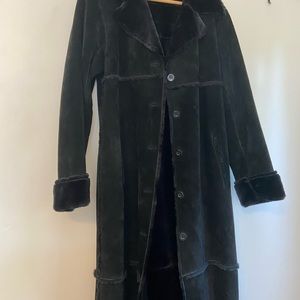 Express 52” Long Black Suede with Faux Fur Lining Button Front Coat